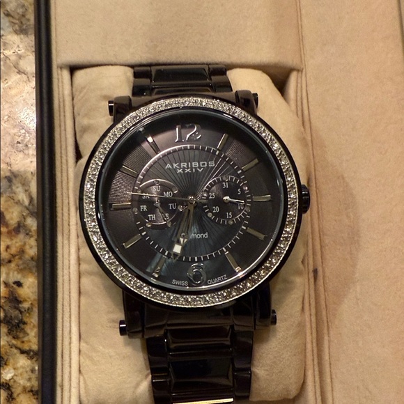 Akribos XXIV Men's AKR465BK Stainless Steel Swiss Day and Date Diamond Watch - Picture 1 of 6